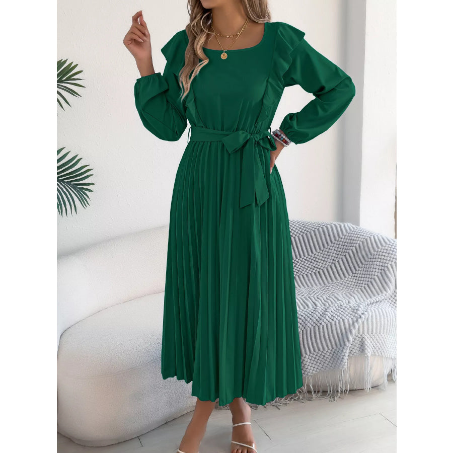 Ruffle Trim Pleated A-Line Midi Dress Green / S Apparel and Accessories