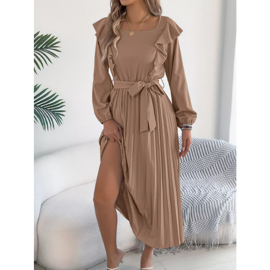 Ruffle Trim Pleated A-Line Midi Dress Khaki / S Apparel and Accessories
