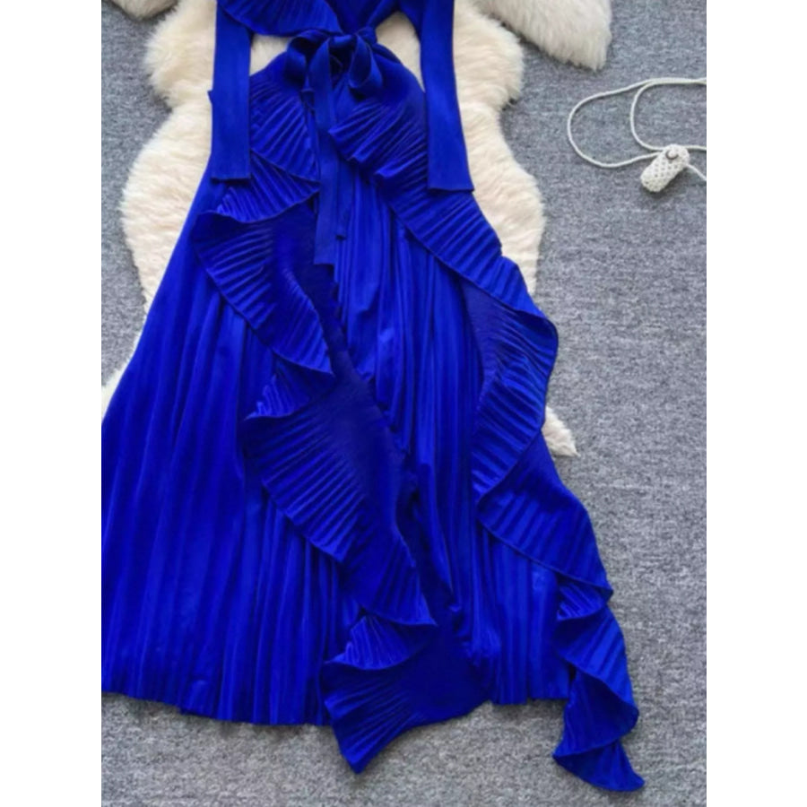 Ruffle Trim Pleated Midi Dress Apparel and Accessories
