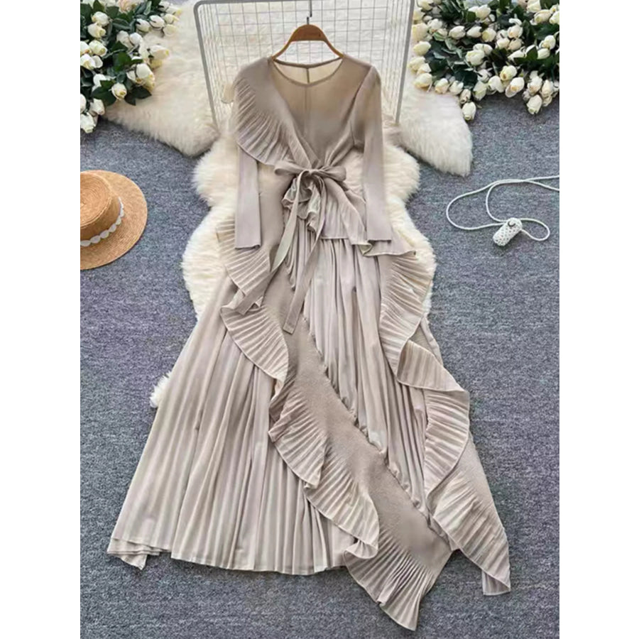 Ruffle Trim Pleated Midi Dress Apricot / One Size Apparel and Accessories