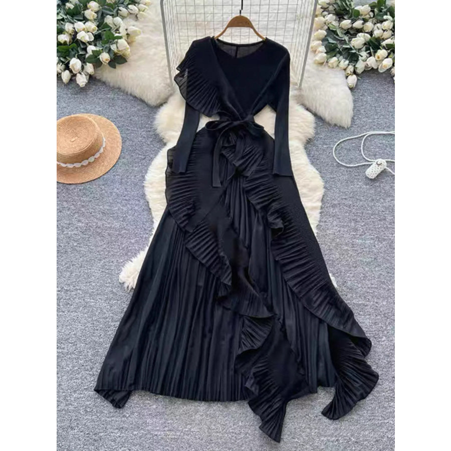 Ruffle Trim Pleated Midi Dress Black / One Size Apparel and Accessories