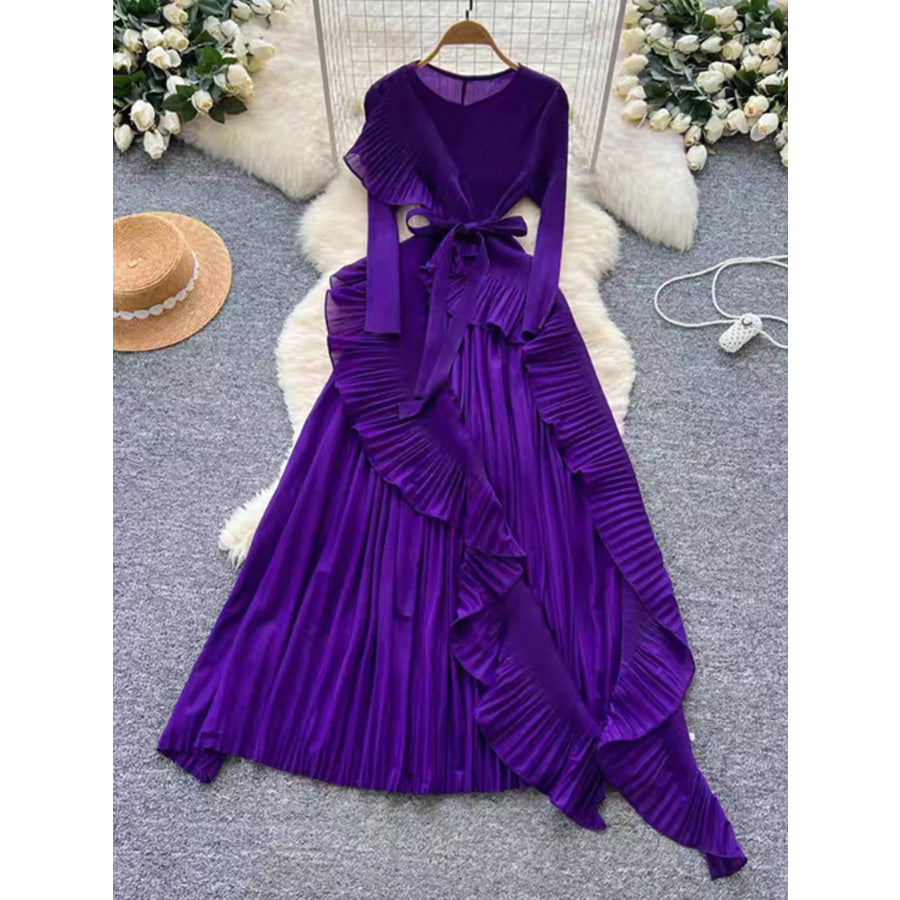 Ruffle Trim Pleated Midi Dress Purple / One Size Apparel and Accessories