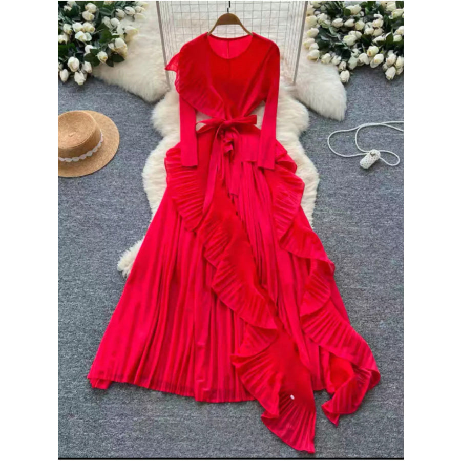 Ruffle Trim Pleated Midi Dress Red / One Size Apparel and Accessories