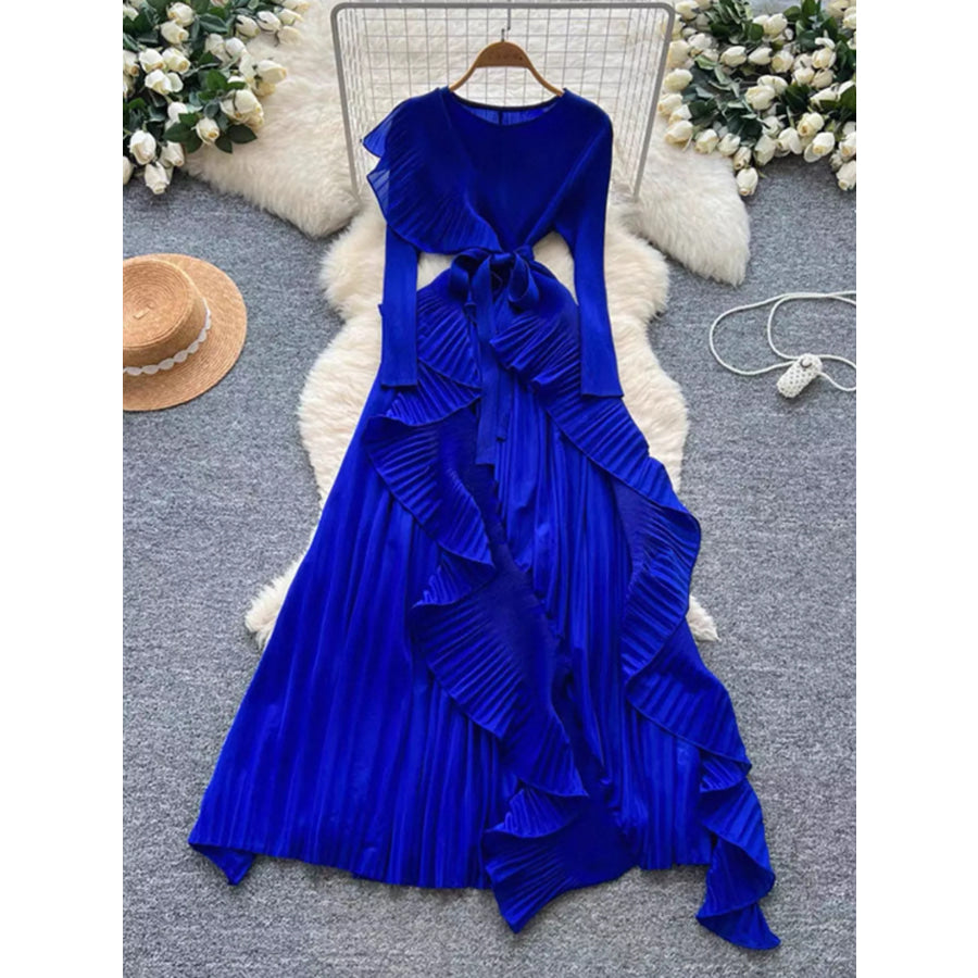 Ruffle Trim Pleated Midi Dress Royal Blue / One Size Apparel and Accessories