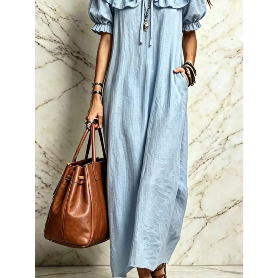 Ruffle Trim Puff Sleeve Maxi Dress Apparel and Accessories