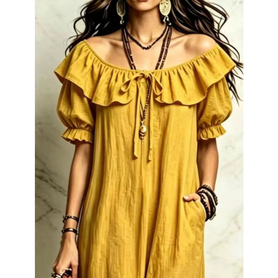 Ruffle Trim Puff Sleeve Maxi Dress Apparel and Accessories