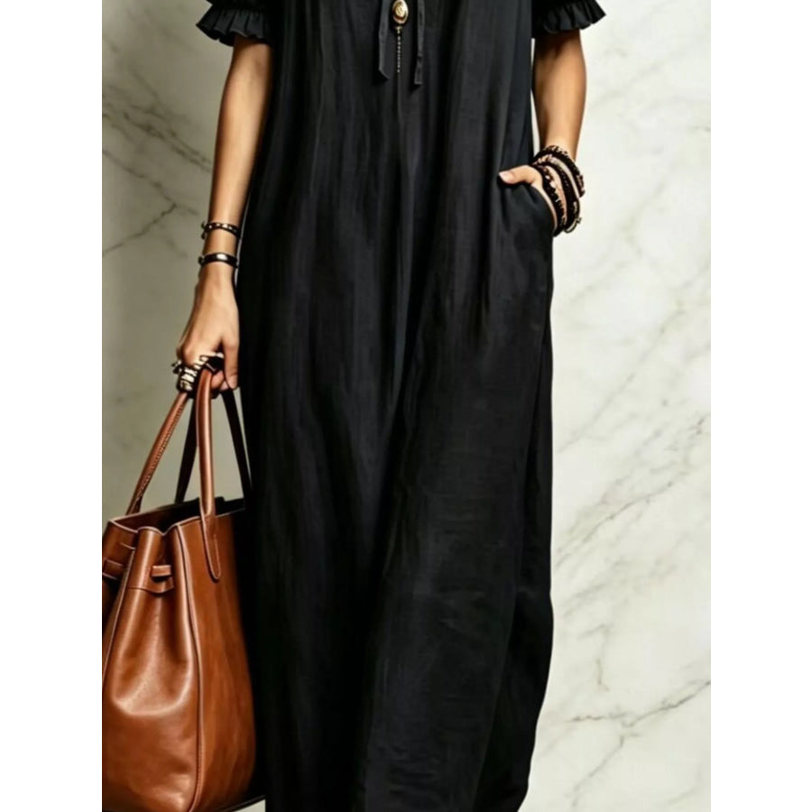 Ruffle Trim Puff Sleeve Maxi Dress Apparel and Accessories