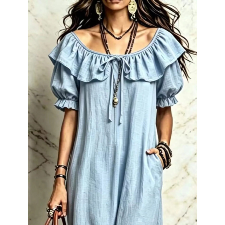 Ruffle Trim Puff Sleeve Maxi Dress Apparel and Accessories