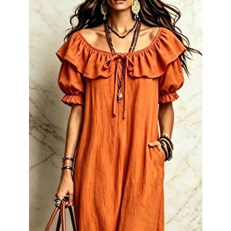 Ruffle Trim Puff Sleeve Maxi Dress Apparel and Accessories