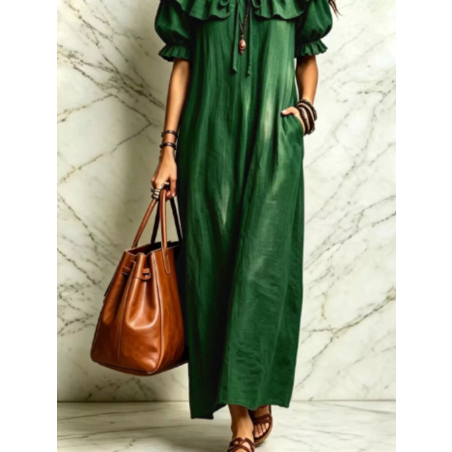 Ruffle Trim Puff Sleeve Maxi Dress Apparel and Accessories