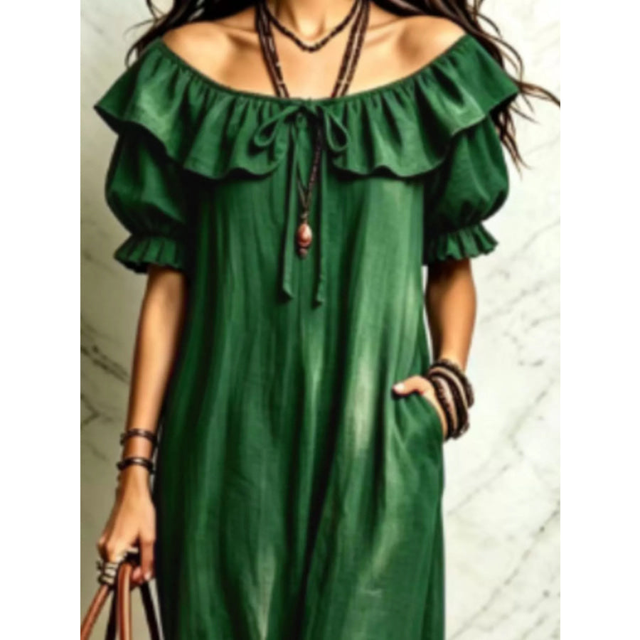 Ruffle Trim Puff Sleeve Maxi Dress Apparel and Accessories