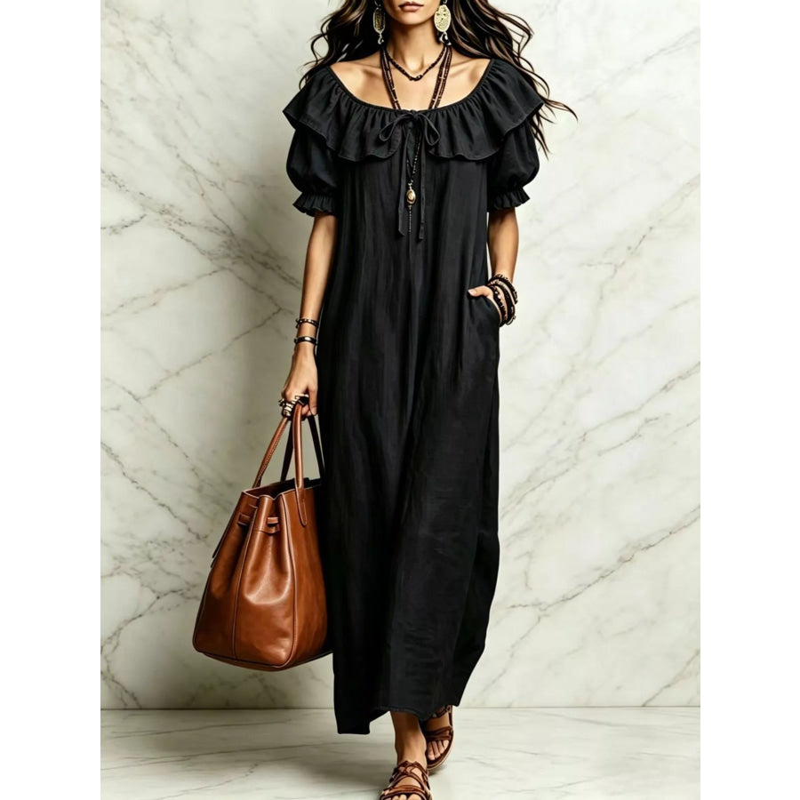 Ruffle Trim Puff Sleeve Maxi Dress Black / S Apparel and Accessories