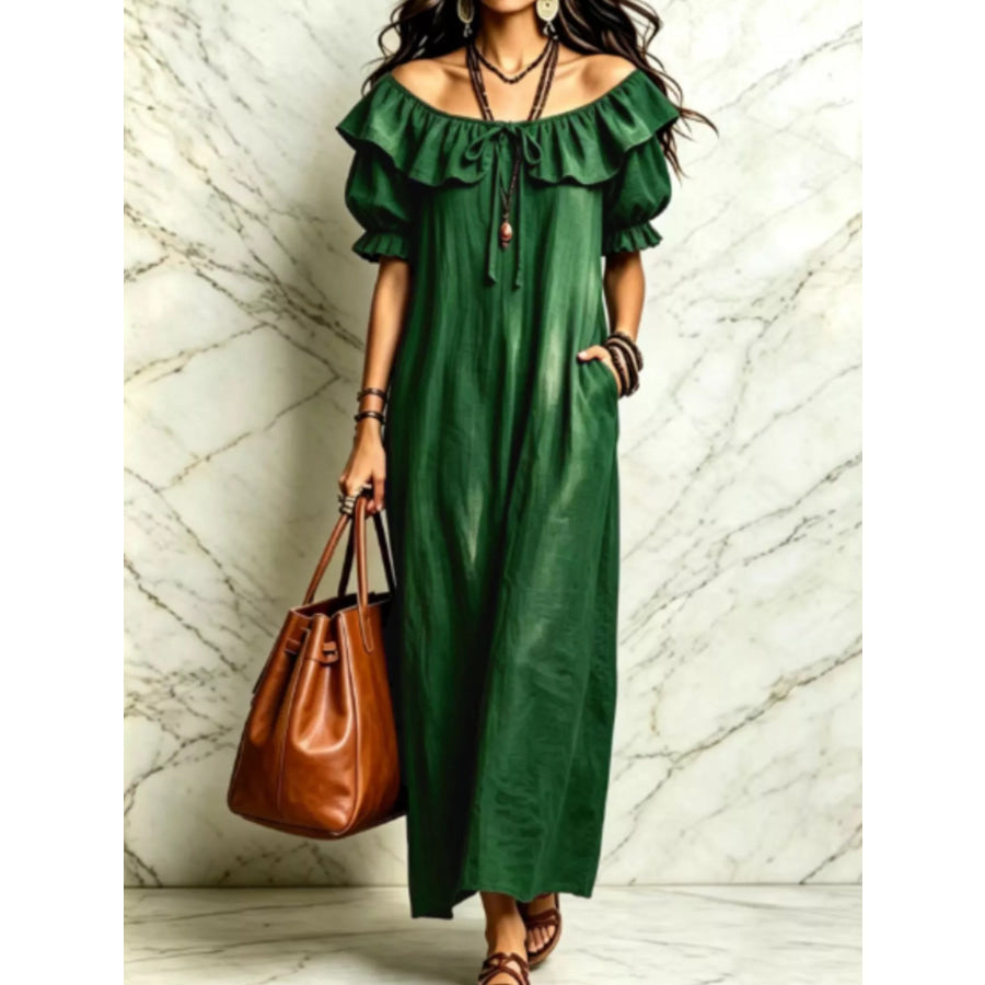 Ruffle Trim Puff Sleeve Maxi Dress Dark Green / S Apparel and Accessories