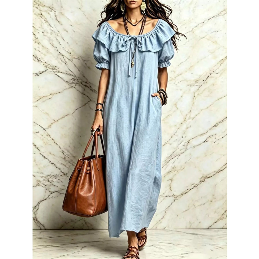 Ruffle Trim Puff Sleeve Maxi Dress Light Blue / S Apparel and Accessories
