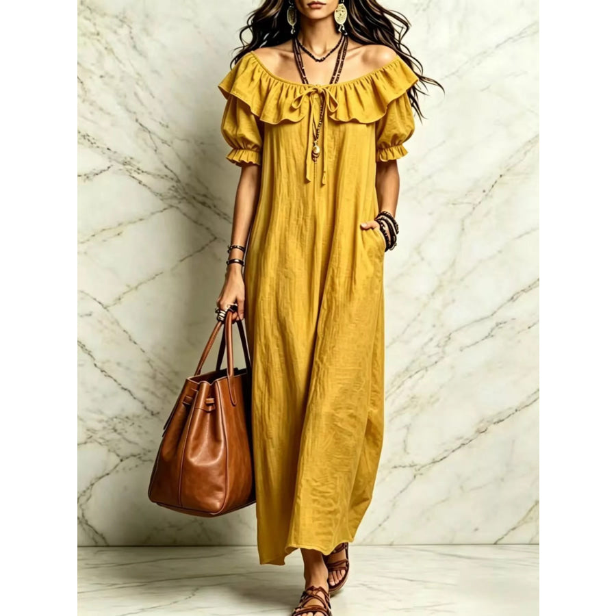 Ruffle Trim Puff Sleeve Maxi Dress Mustard / S Apparel and Accessories