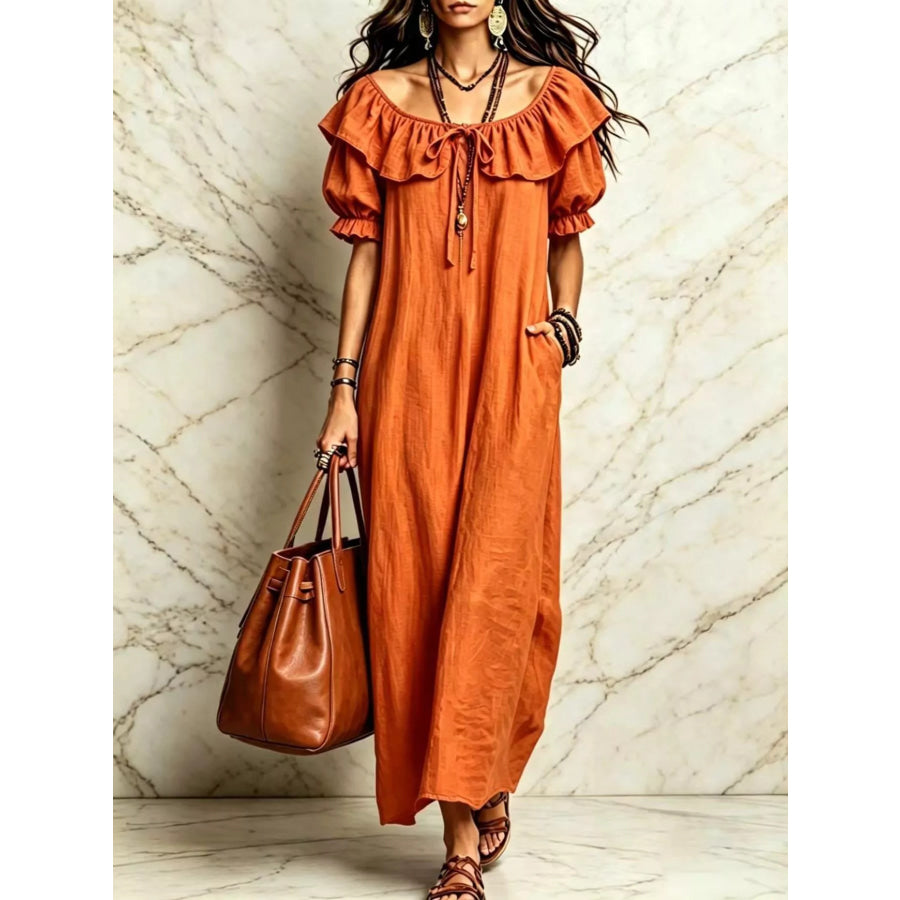 Ruffle Trim Puff Sleeve Maxi Dress Orange / S Apparel and Accessories