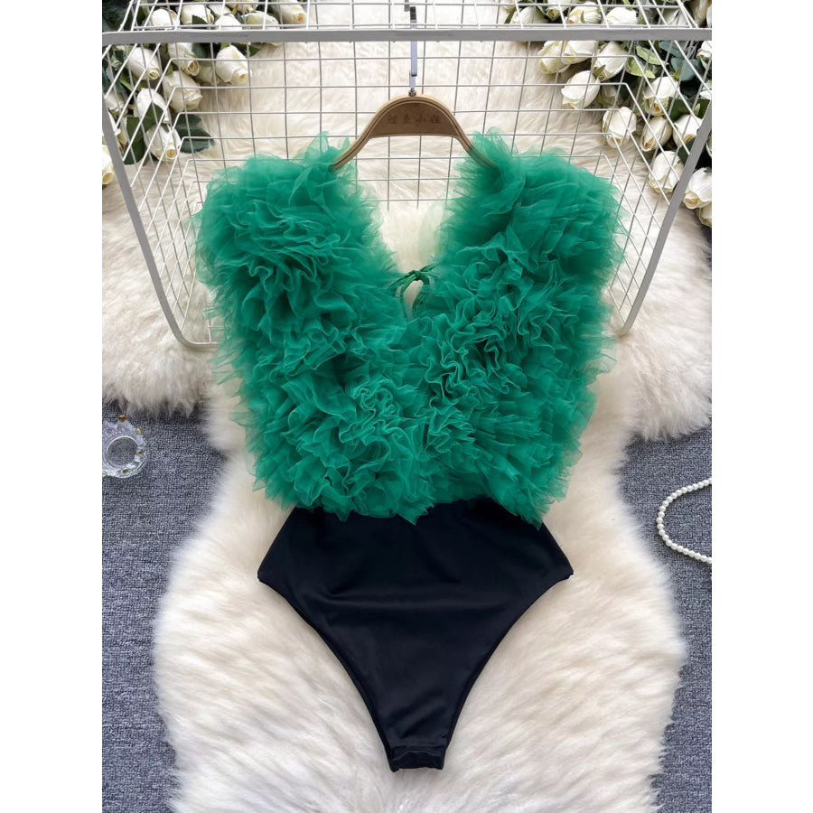 Ruffle Trim Sleeveless Bodysuit Green / M Apparel and Accessories