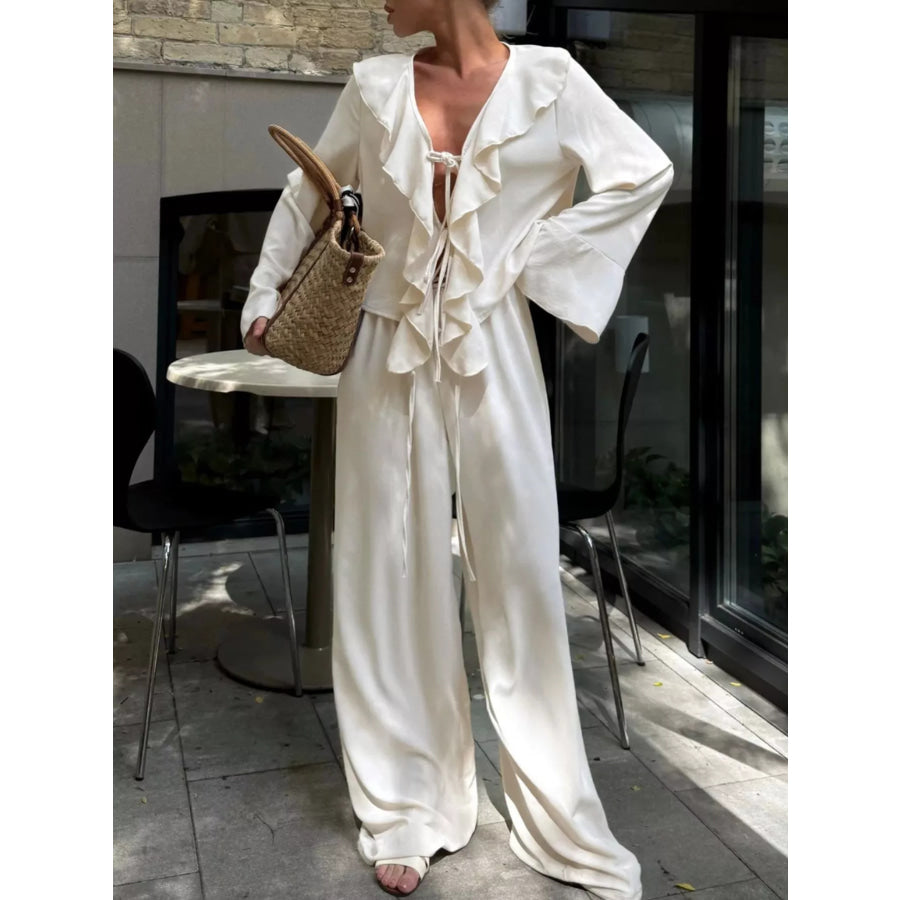 Ruffle Trim Tie Front Top and Pants Set Apparel and Accessories