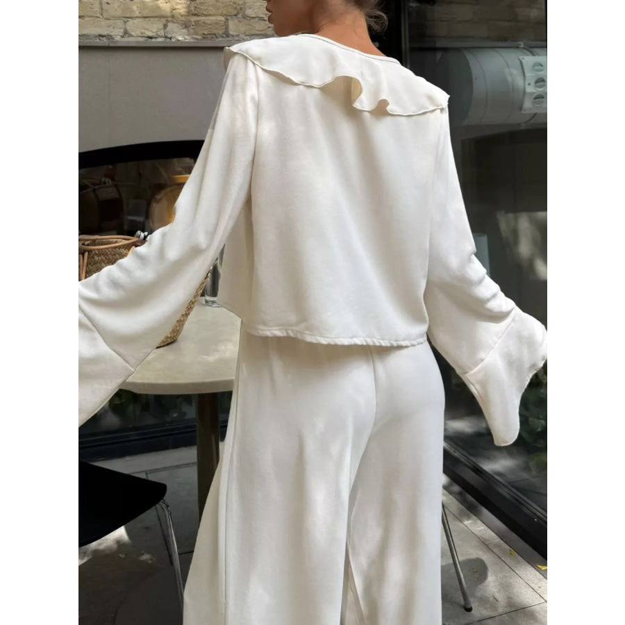 Ruffle Trim Tie Front Top and Pants Set Apparel and Accessories