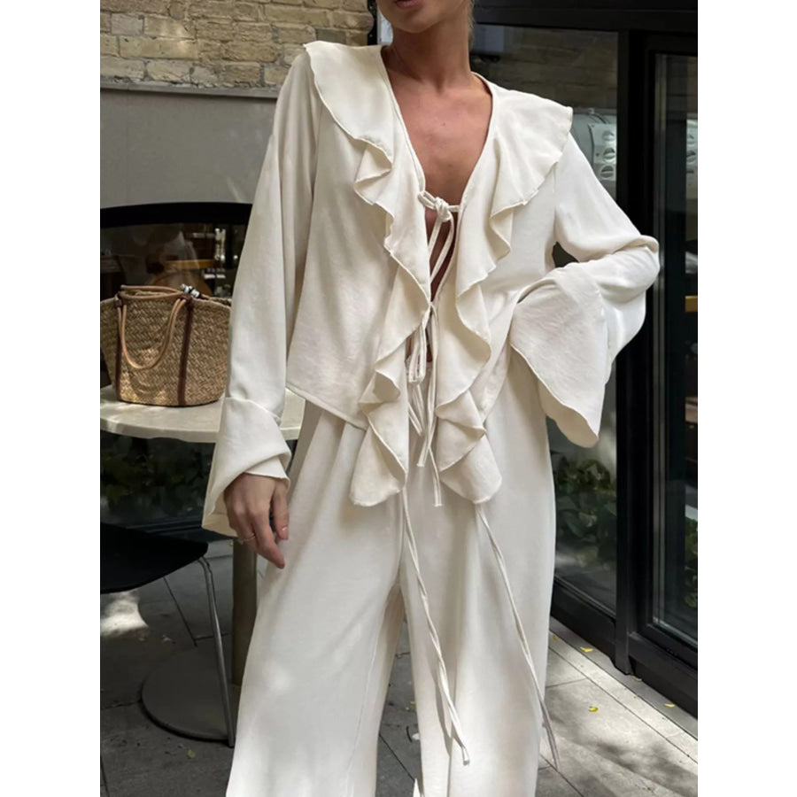Ruffle Trim Tie Front Top and Pants Set Apparel and Accessories