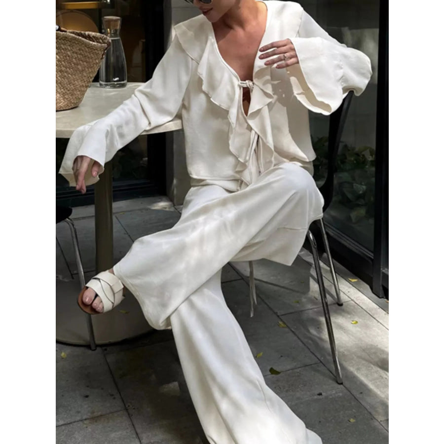Ruffle Trim Tie Front Top and Pants Set Apparel and Accessories