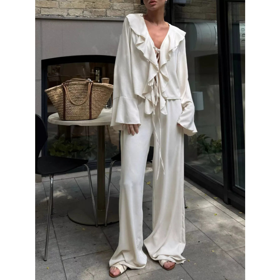 Ruffle Trim Tie Front Top and Pants Set Apparel and Accessories
