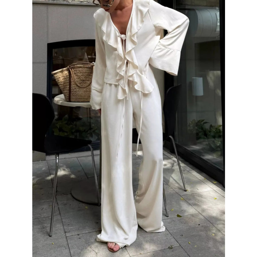 Ruffle Trim Tie Front Top and Pants Set White / S Apparel and Accessories