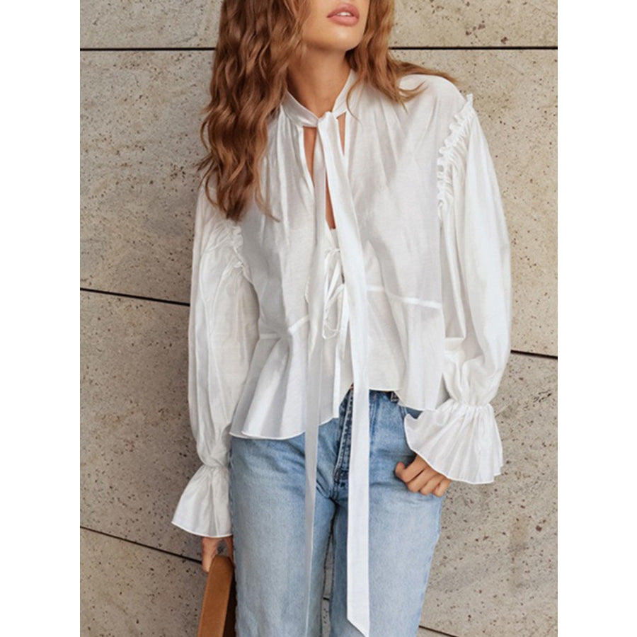 Ruffle Trim Tie Neck Blouse Apparel and Accessories