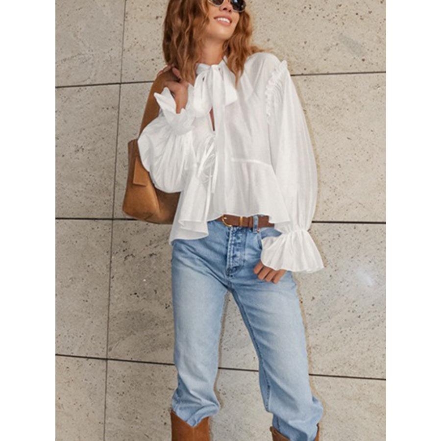 Ruffle Trim Tie Neck Blouse Apparel and Accessories