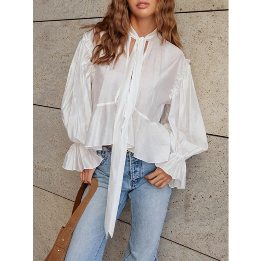 Ruffle Trim Tie Neck Blouse White / S Apparel and Accessories