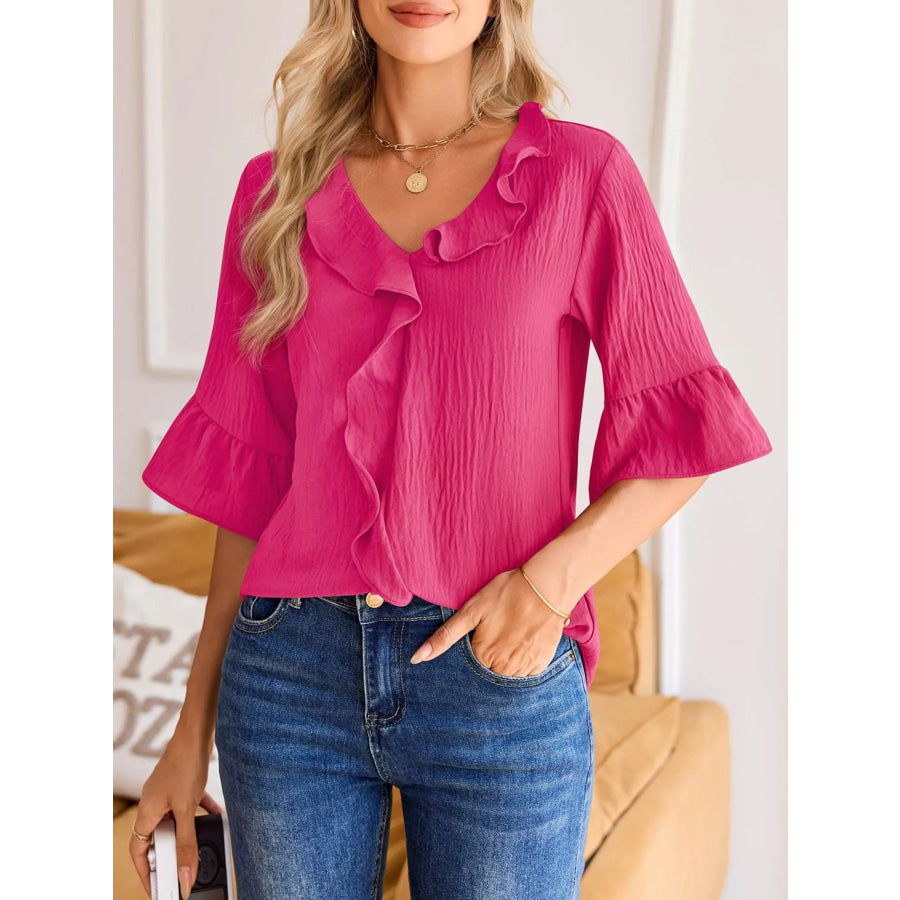 Ruffle Trim V-Neck Blouse Apparel and Accessories