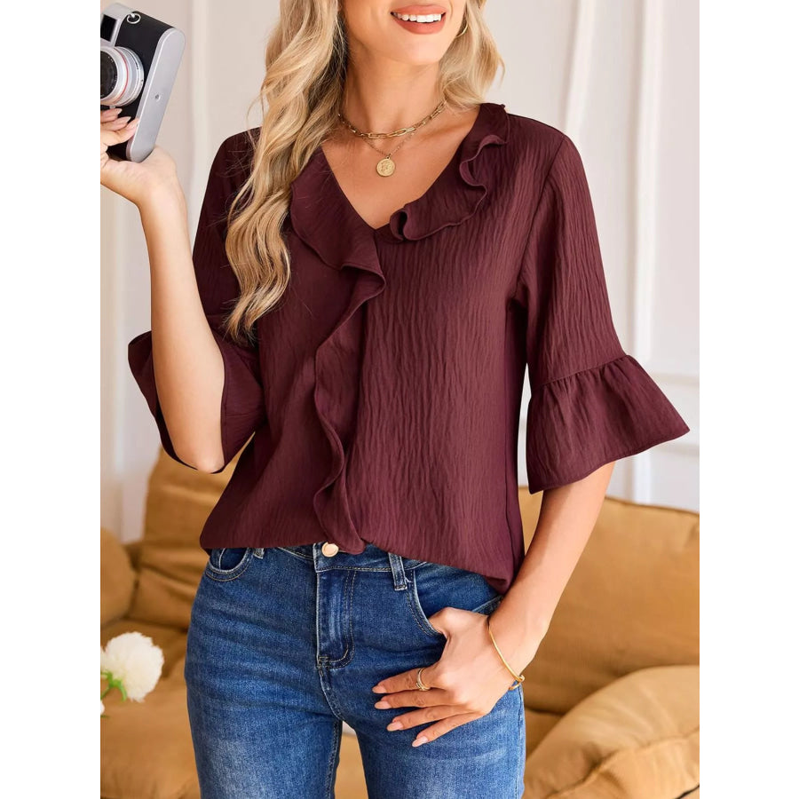 Ruffle Trim V-Neck Blouse Apparel and Accessories