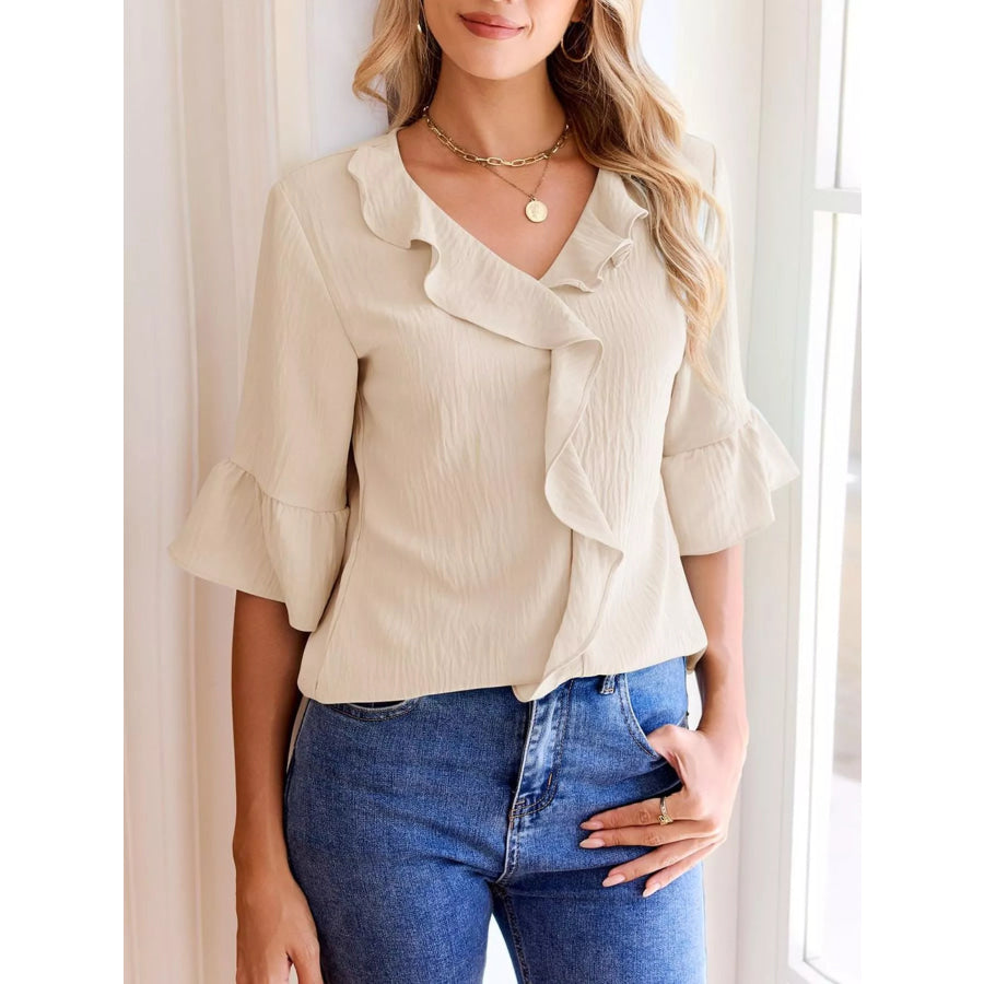 Ruffle Trim V-Neck Blouse Apparel and Accessories