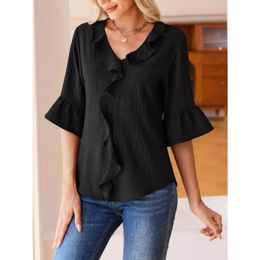 Ruffle Trim V-Neck Blouse Apparel and Accessories