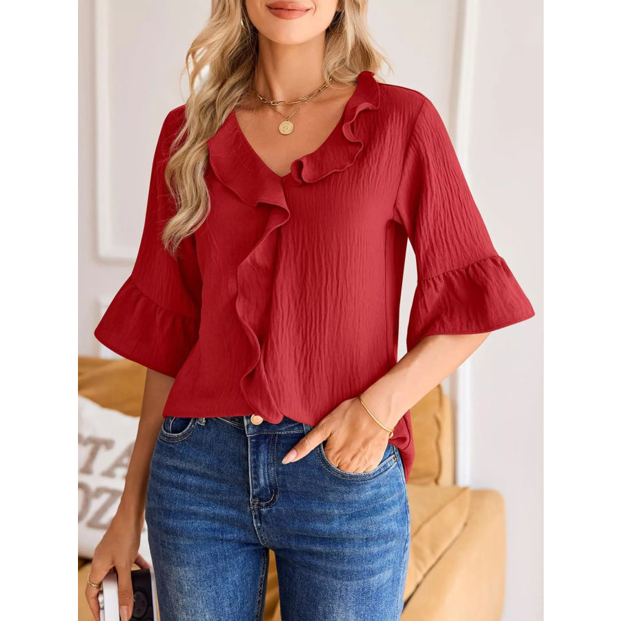 Ruffle Trim V-Neck Blouse Apparel and Accessories