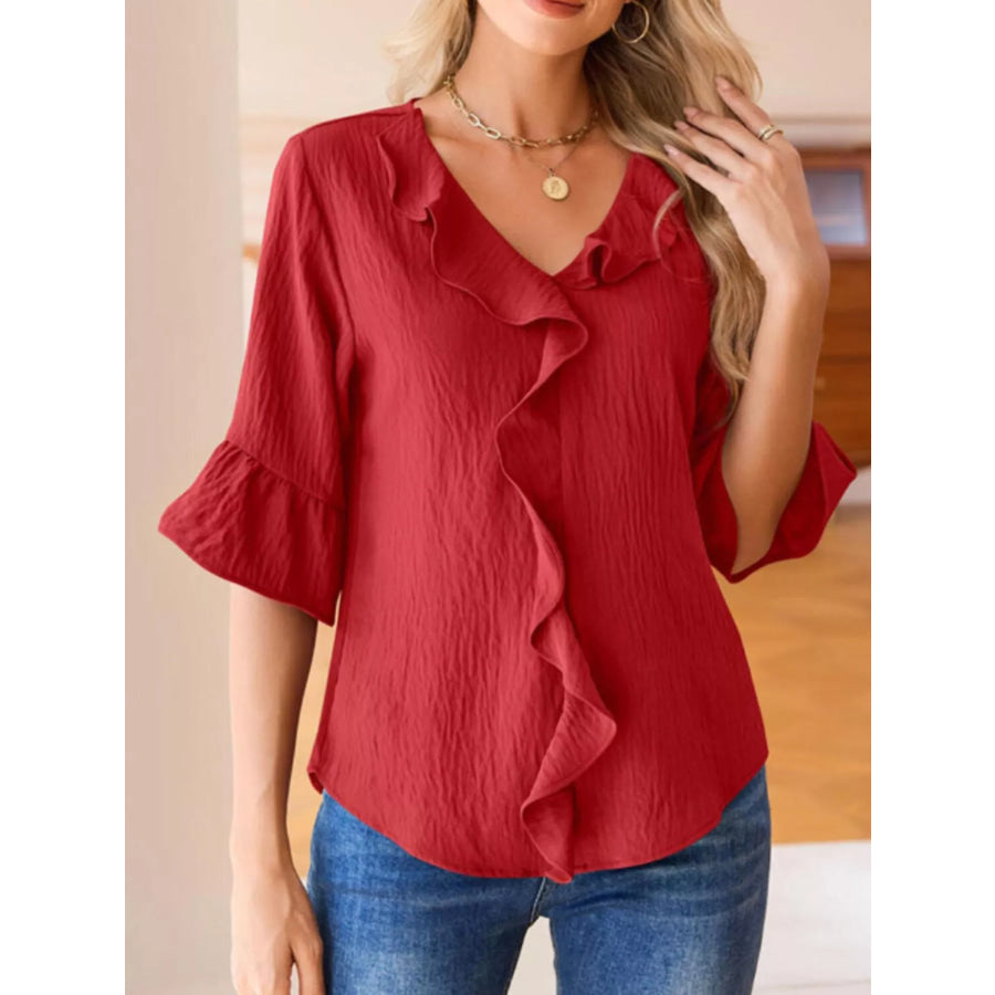 Ruffle Trim V-Neck Blouse Apparel and Accessories