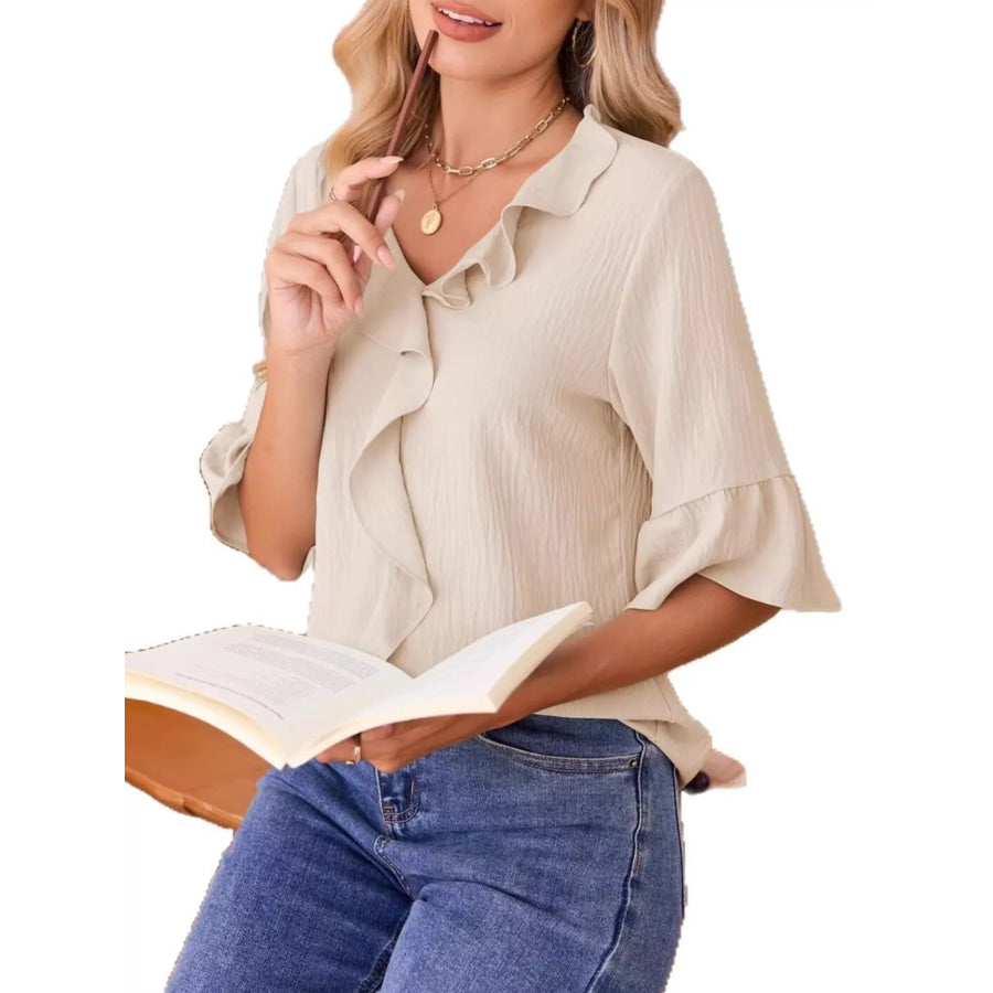 Ruffle Trim V-Neck Blouse Apparel and Accessories