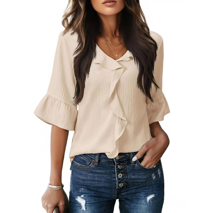 Ruffle Trim V-Neck Blouse Apricot / S Apparel and Accessories