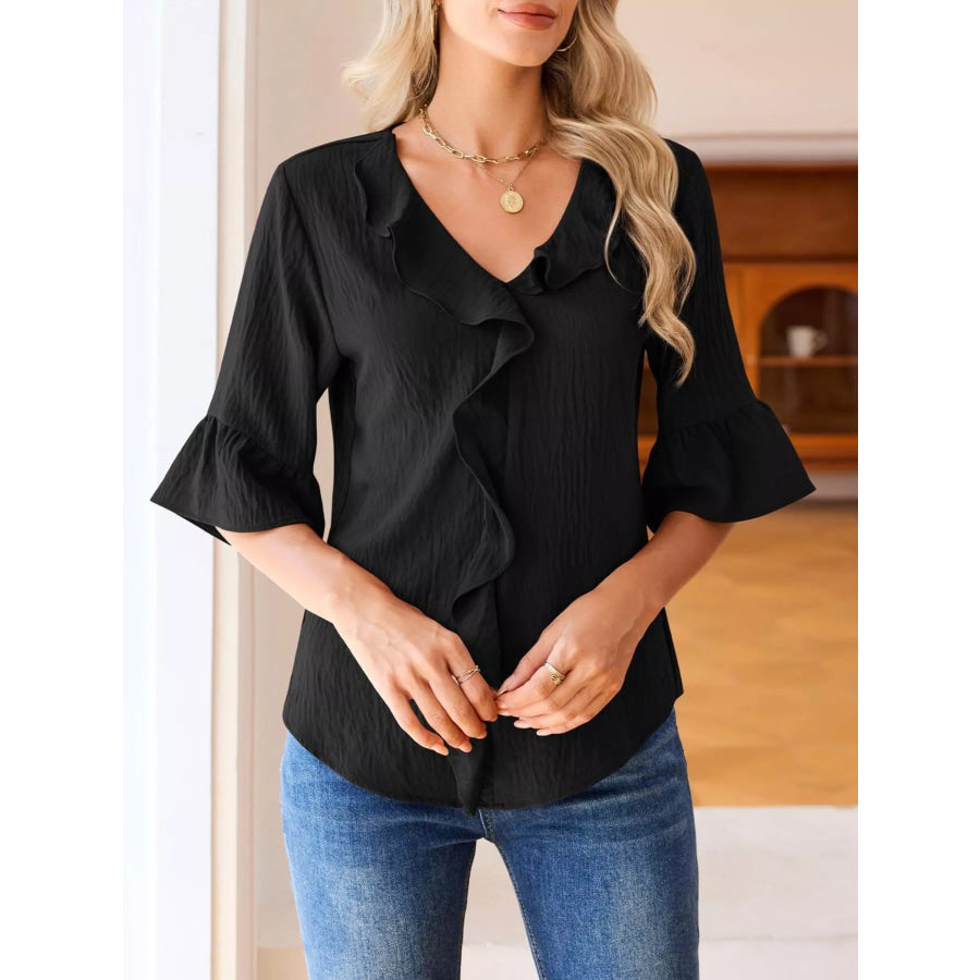 Ruffle Trim V-Neck Blouse Black / S Apparel and Accessories