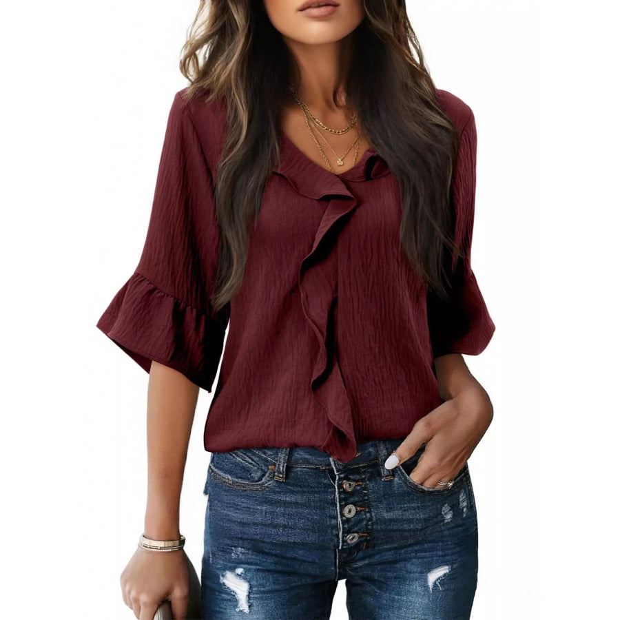 Ruffle Trim V-Neck Blouse Burgundy / S Apparel and Accessories