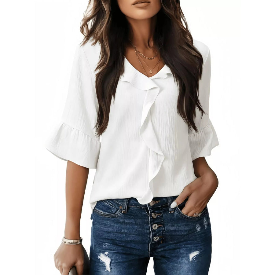 Ruffle Trim V-Neck Blouse Gray/white / S Apparel and Accessories