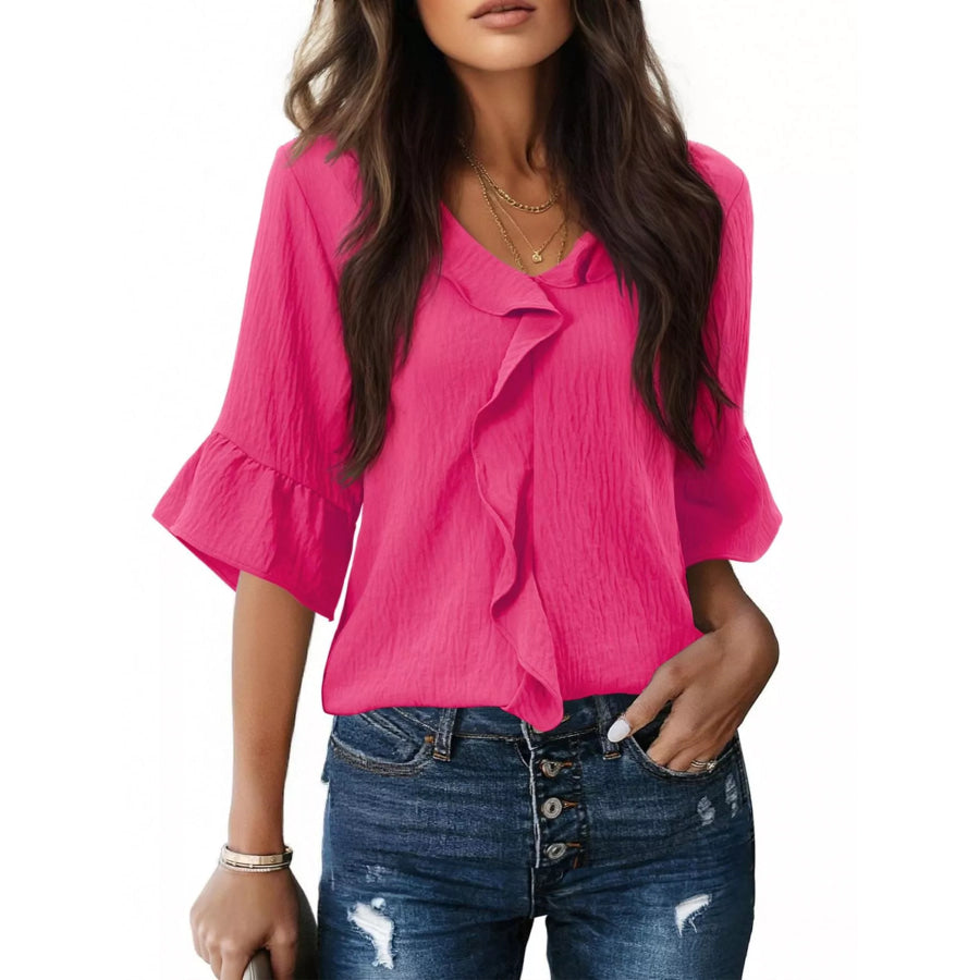 Ruffle Trim V-Neck Blouse Pink / S Apparel and Accessories