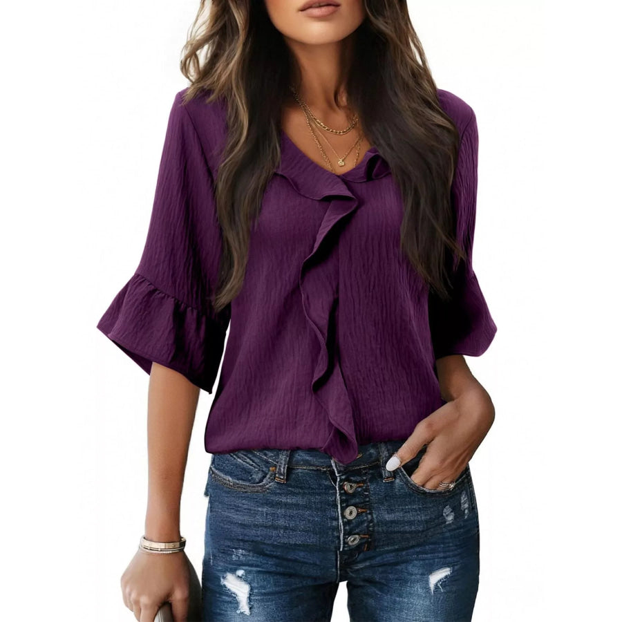 Ruffle Trim V-Neck Blouse Purple / S Apparel and Accessories