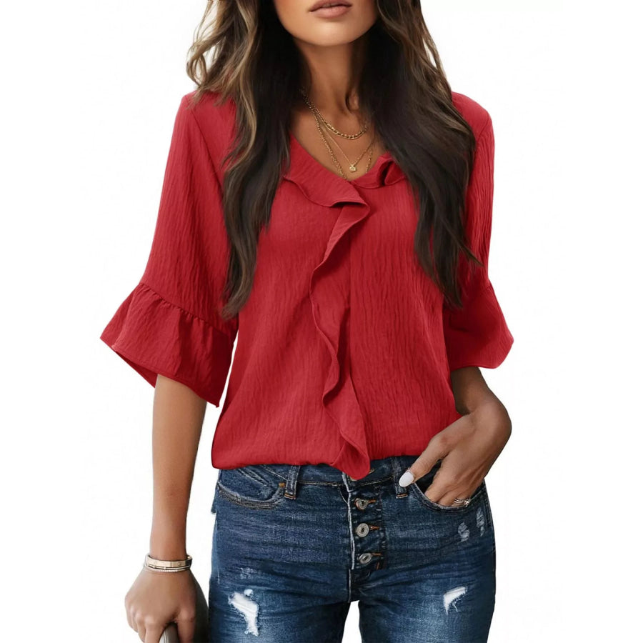 Ruffle Trim V-Neck Blouse Red / S Apparel and Accessories