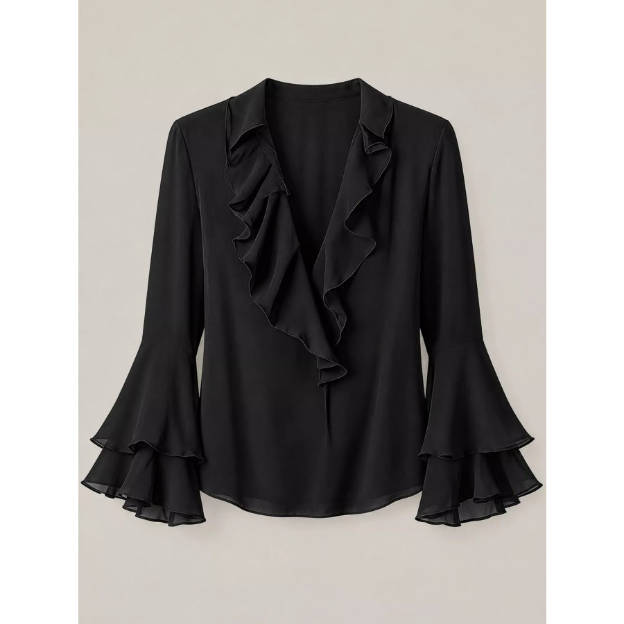 Ruffle-Trim V-Neck Blouse with Bell Sleeves Apparel and Accessories