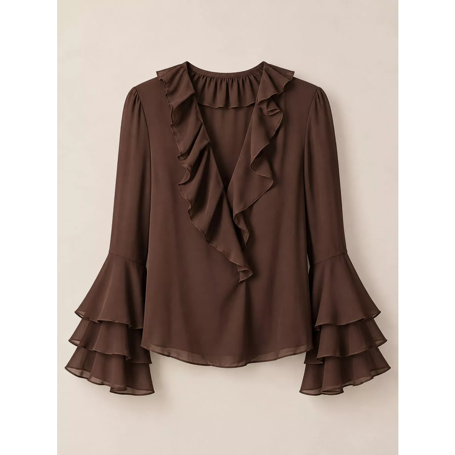 Ruffle-Trim V-Neck Blouse with Bell Sleeves Apparel and Accessories