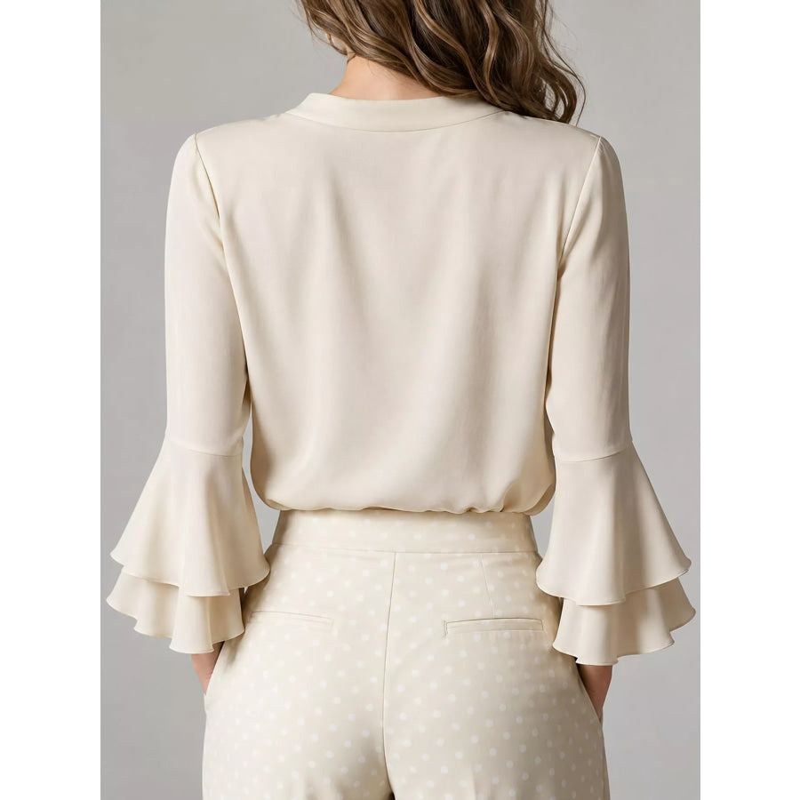 Ruffle-Trim V-Neck Blouse with Bell Sleeves Apparel and Accessories