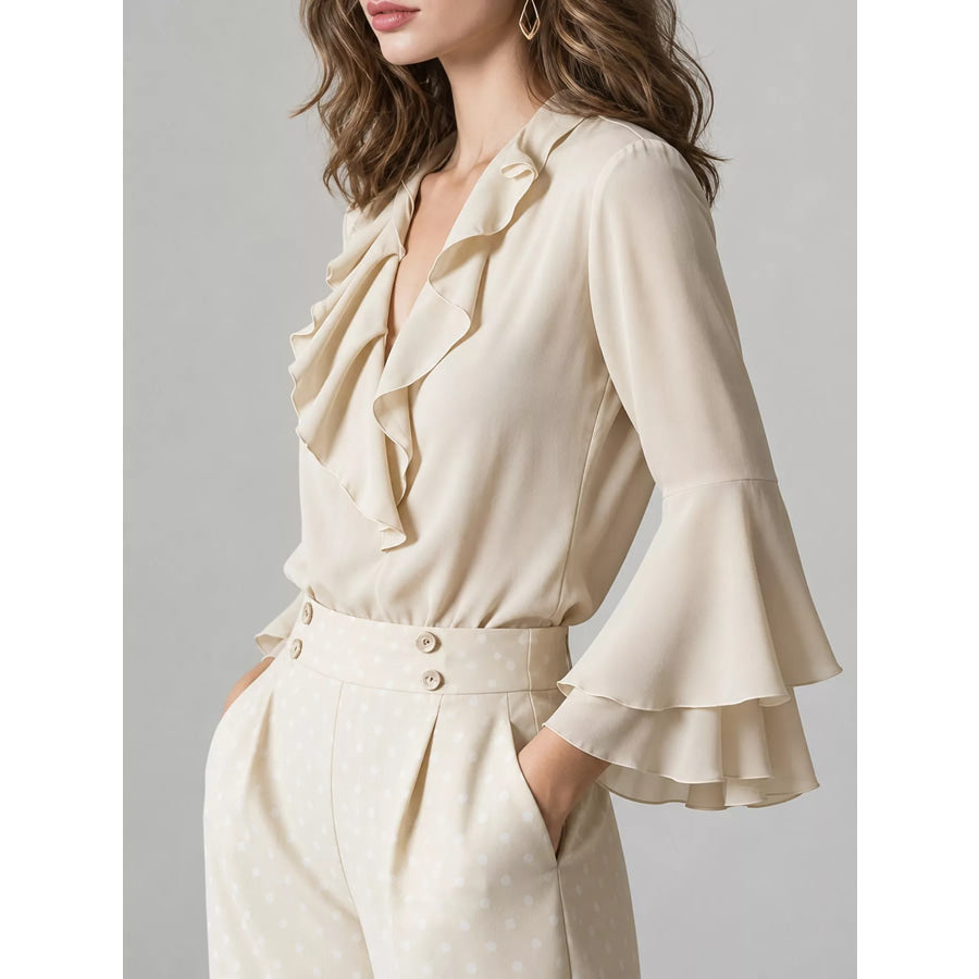 Ruffle-Trim V-Neck Blouse with Bell Sleeves Apparel and Accessories