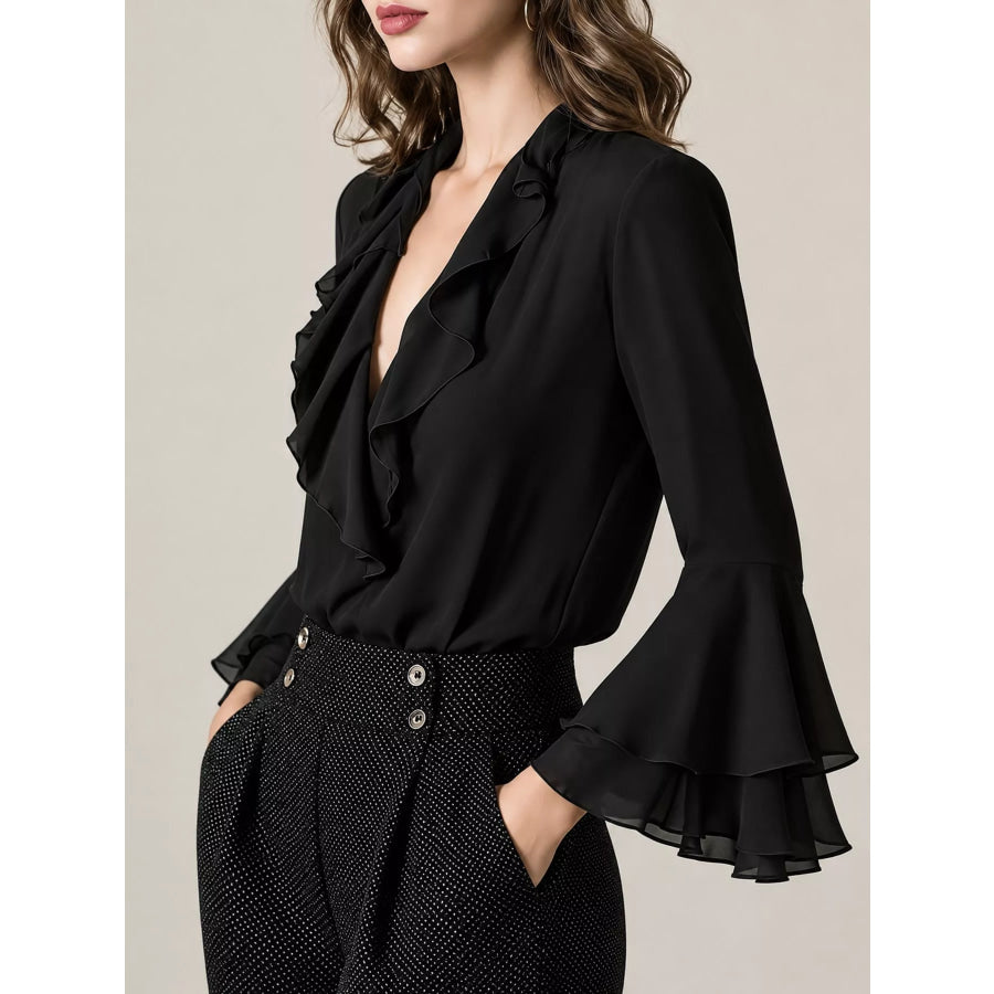 Ruffle-Trim V-Neck Blouse with Bell Sleeves Apparel and Accessories