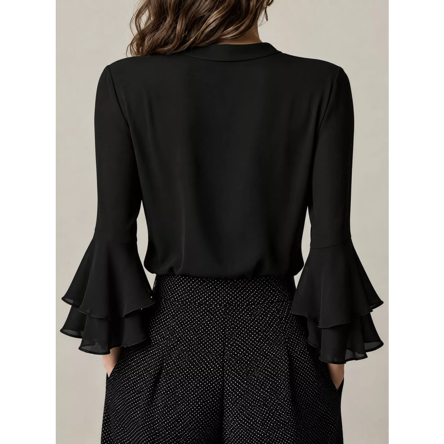 Ruffle-Trim V-Neck Blouse with Bell Sleeves Apparel and Accessories